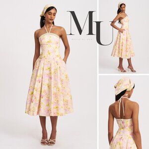 Zaina Yellow Pink Floral Print Lace Midi Dress